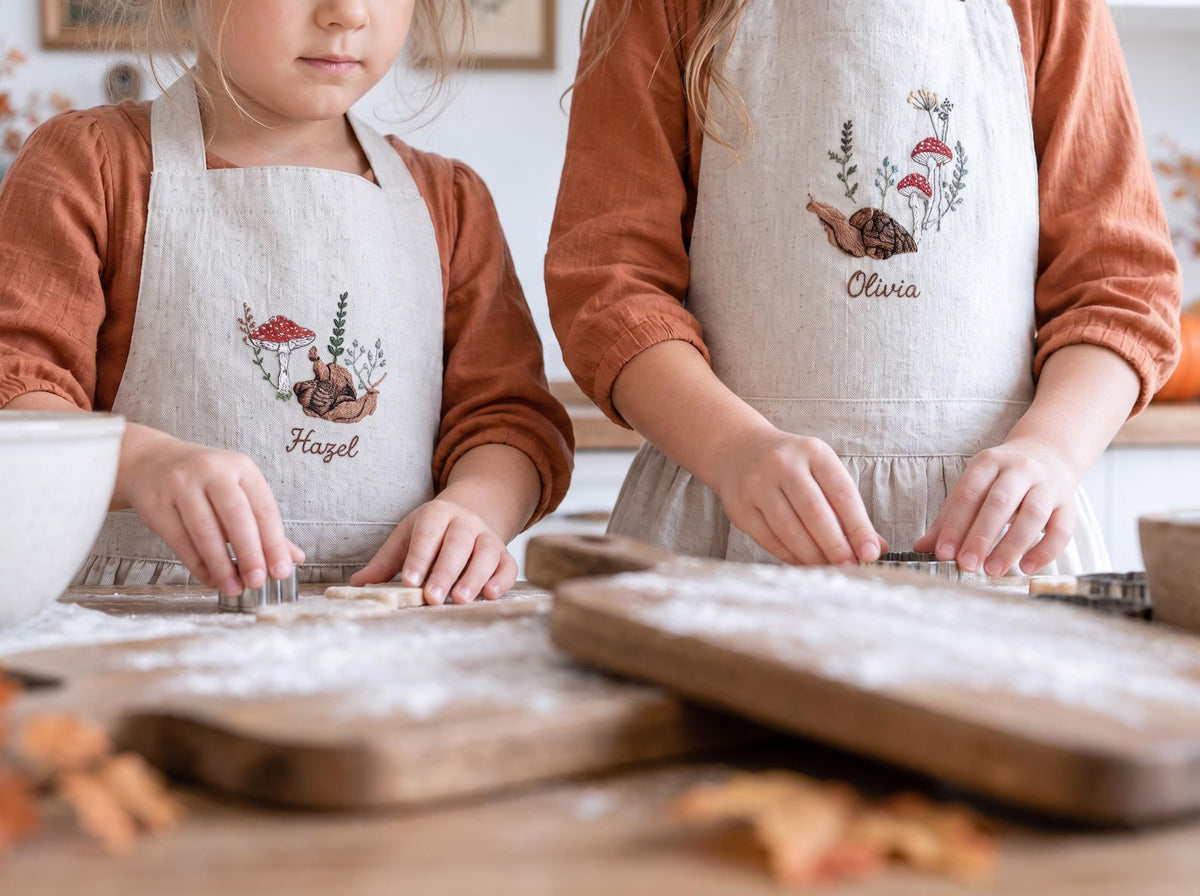 Personalized Sibling Aprons, Matching Kids Linen Apron Set, Hand Embroidered Squirrel & Mushroom Woodland, Custom Name Sister Gift