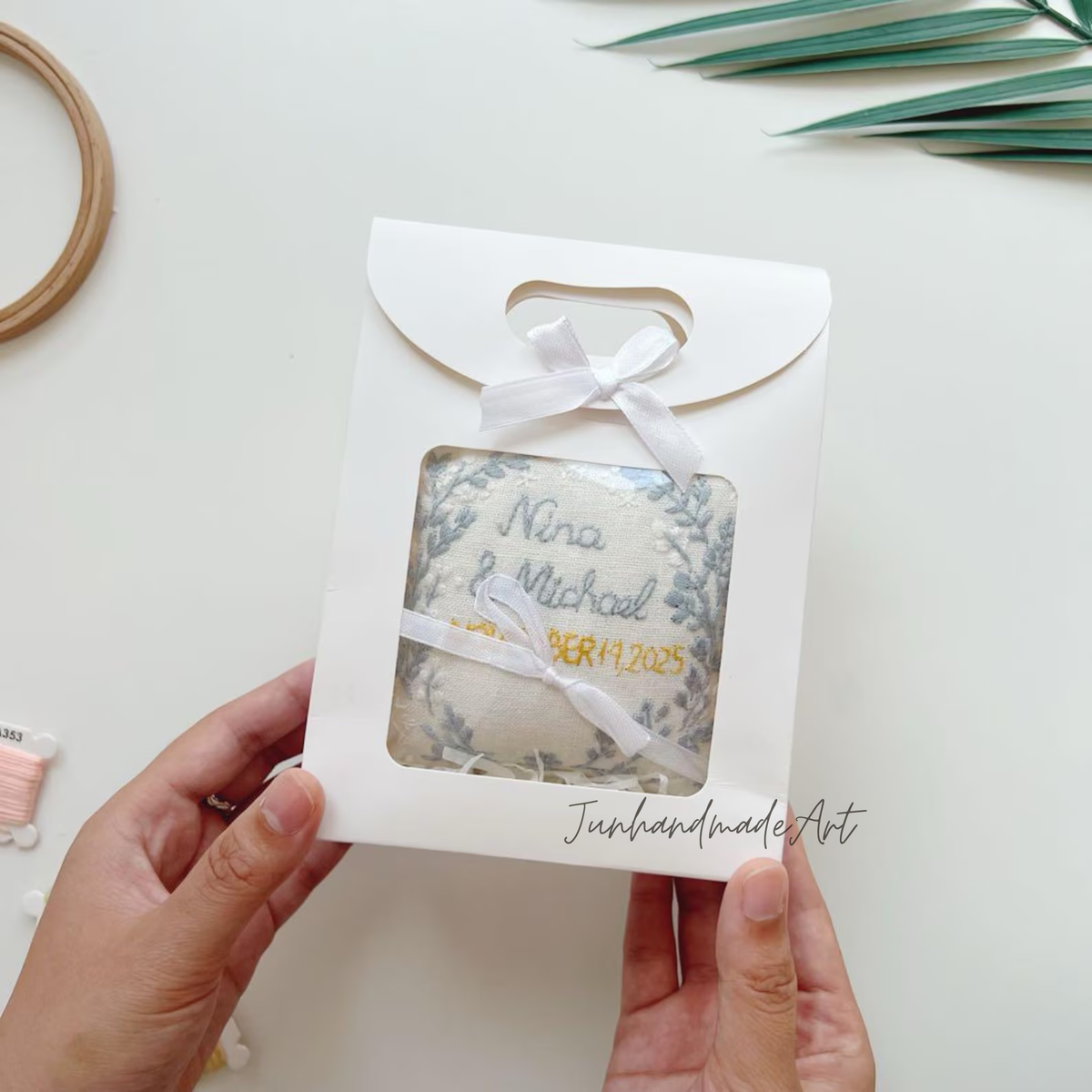 Sunflower Ring Pillow, Personalized Wedding Ring Bearer Pillow, Embroidered Floral Ring Cushion, Custom Names Date Bridal Keepsake Gift Sets