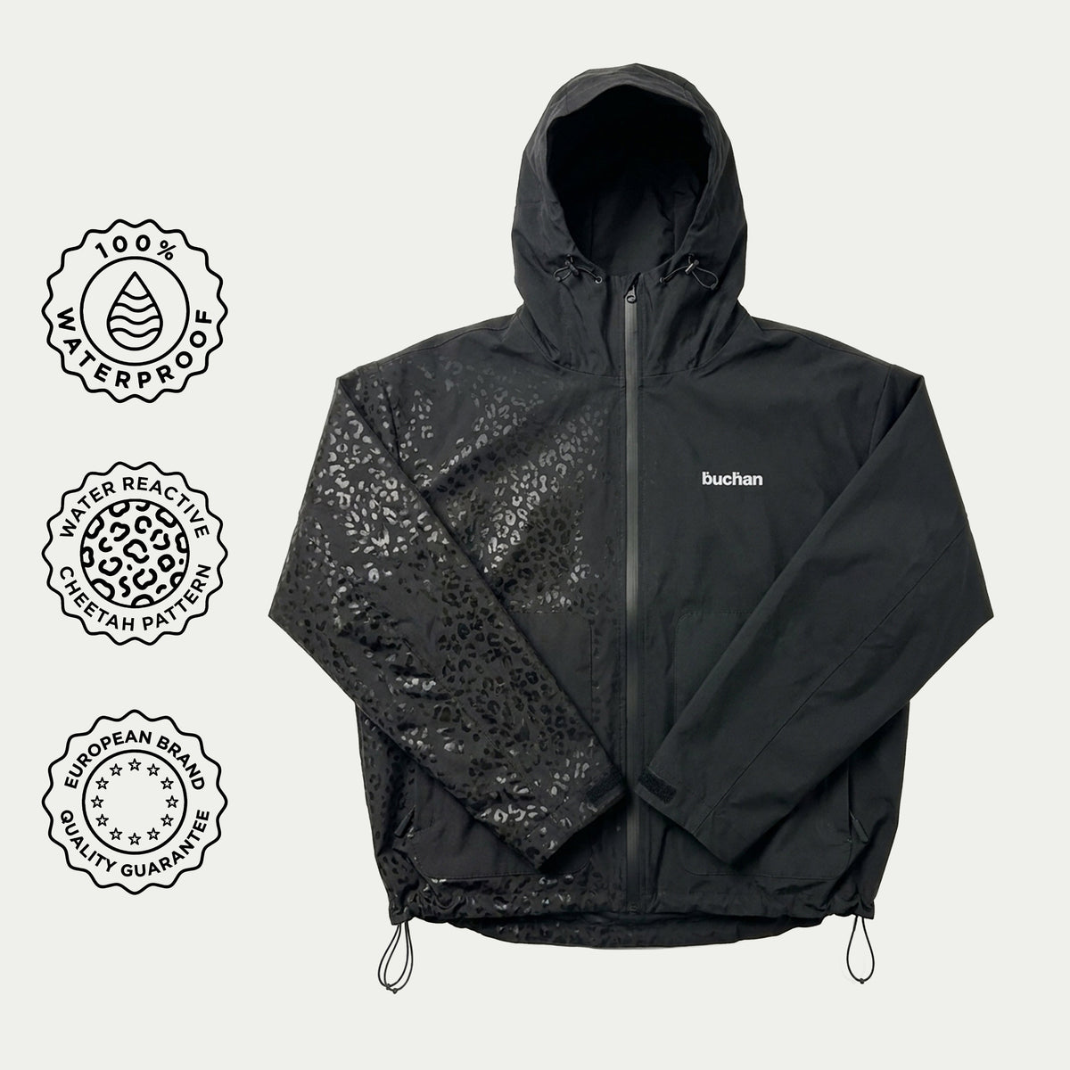 Water Reactive Cheetah Rain Jacket - Black