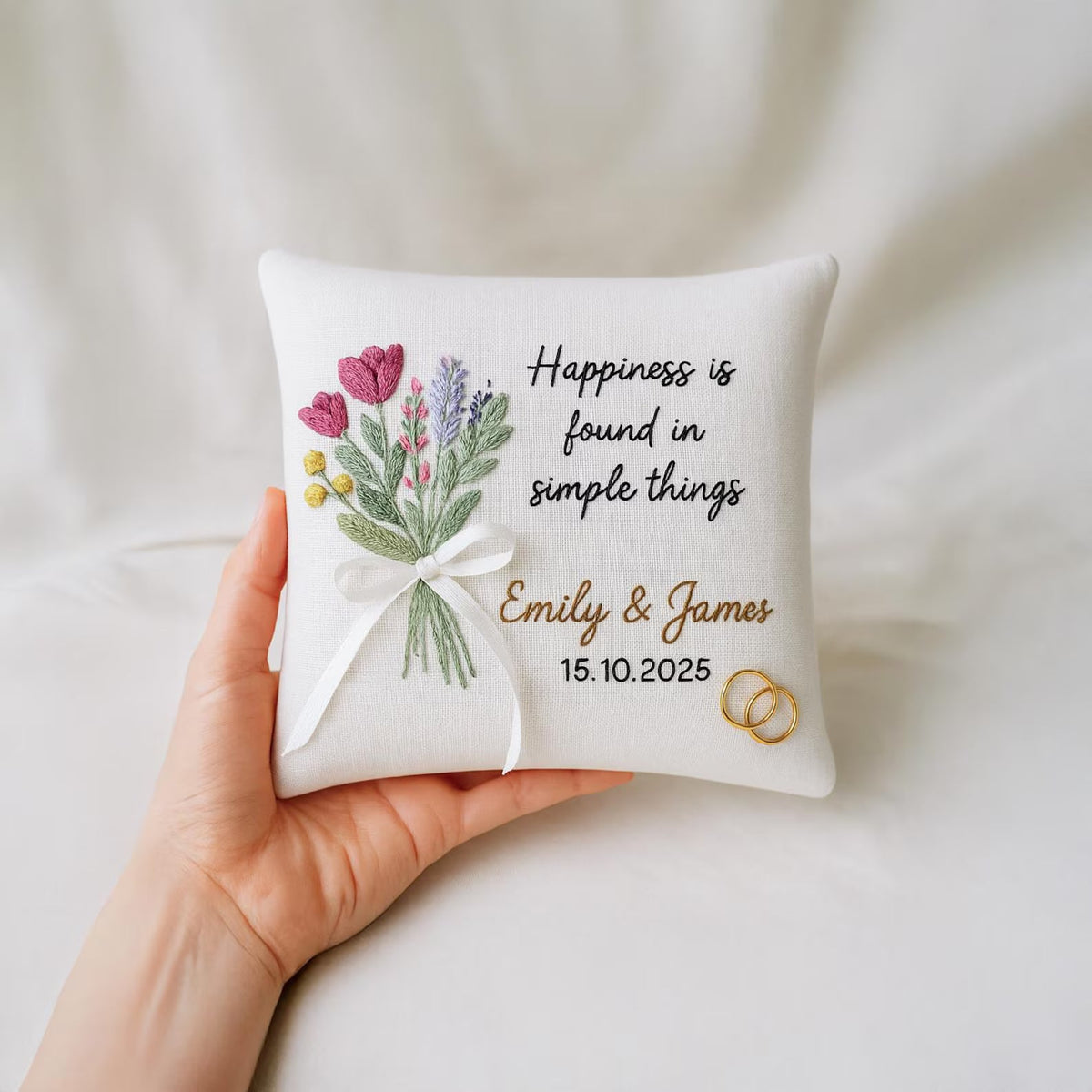 Personalized Ring Bearer Pillow, Hand Embroidered Tulip & Lavender Bouquet, Custom Names Date, Wedding Ring Pillow Bridal Keepsake for Bride