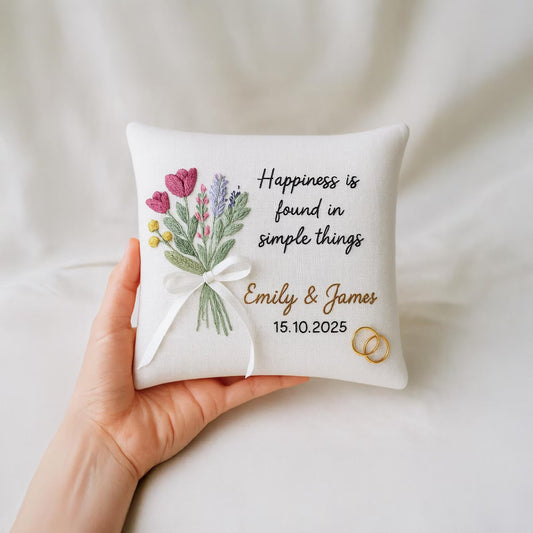 Personalized Ring Bearer Pillow, Hand Embroidered Tulip & Lavender Bouquet, Custom Names Date, Wedding Ring Pillow Bridal Keepsake for Bride