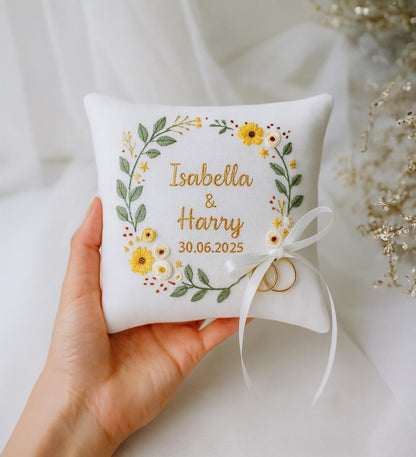 Personalized Ring Bearer Pillow, Hand Embroidered Wedding Ring Pillow, Custom Names Date, Yellow Daisy Wreath Ring Holder, Keepsake Gift Box