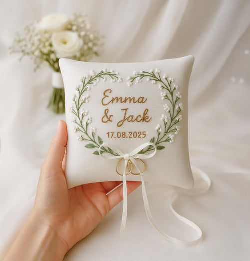 Personalized Embroidered Ring Bearer Pillow, Custom Linen Wedding Cushion, Hand Embroidery Ring Holder, Floral Ring Pillow, Wedding Gift