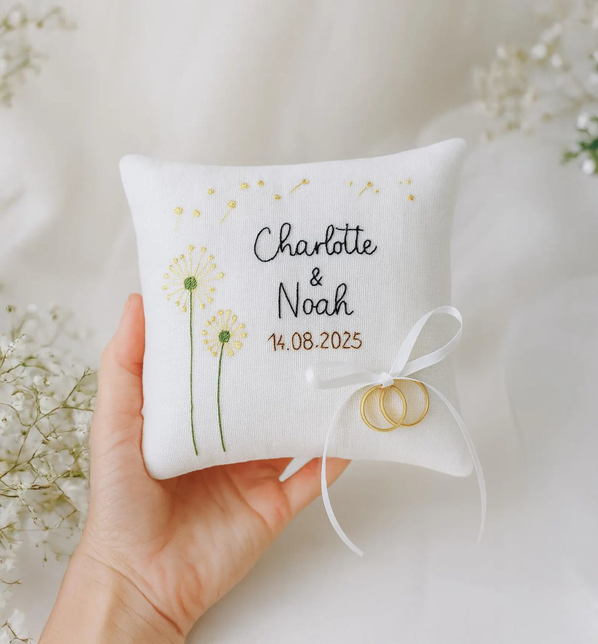 Personalized Ring Bearer Pillow, Hand Embroidered Wedding Ring Pillow, Custom Name Date, Dandelion Floral Ring Holder, Wedding Keepsake Gift