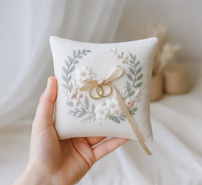 Personalized Wedding Ring Pillow, Hand Embroidered Linen Ring Bearer Cushion, Custom Names and Date, Botanical Wedding Keepsake, Bridal Gift
