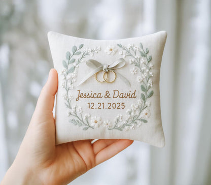 Personalized Wedding Ring Pillow, Hand Embroidered Linen Ring Bearer Cushion, Custom Names and Date, Botanical Wedding Keepsake, Bridal Gift