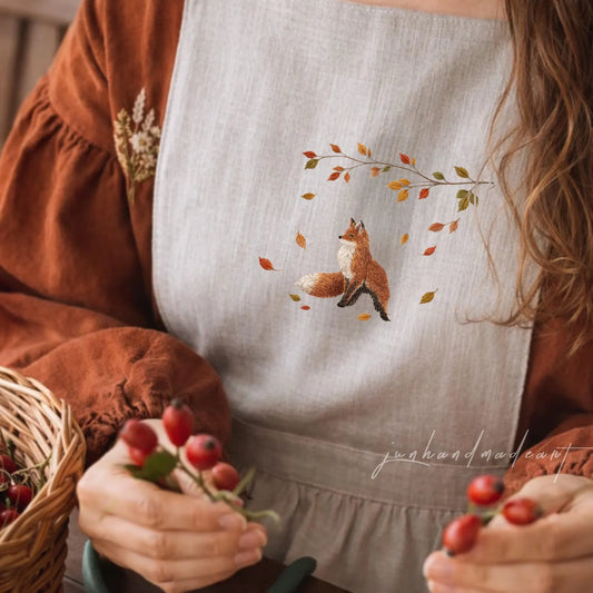 Hand Embroidered Fox Linen Apron, Autumn Woodland Fox Apron, Handmade Cottagecore Kitchen Apron, Cozy Fall Nature Gift for Her