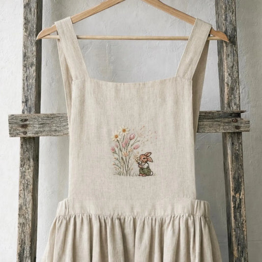 Hand Embroidered Bunny Linen Apron, Woodland Rabbit Cottagecore Apron, Beige Floral Linen Apron, Rustic Kitchen Gift for Her