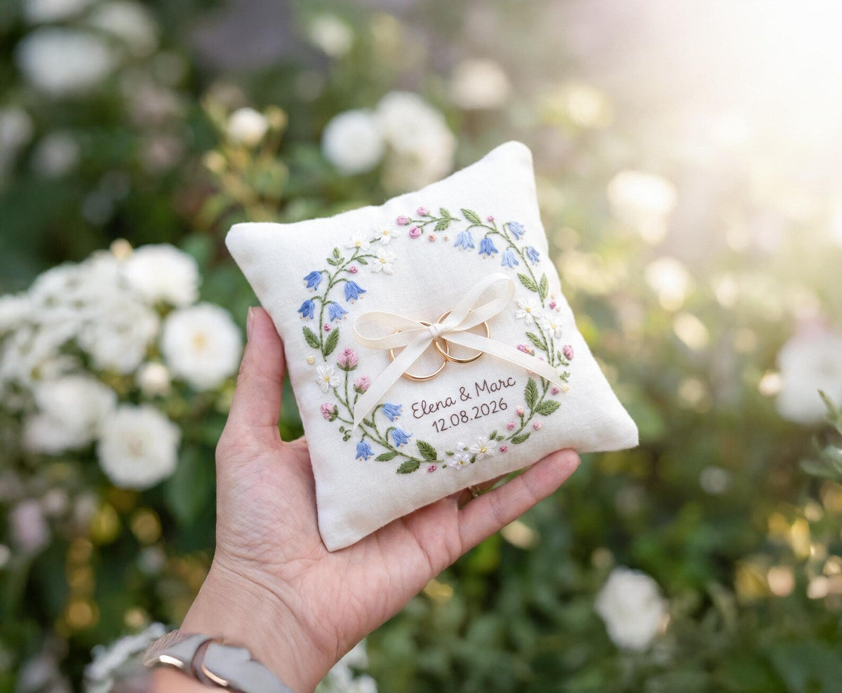 Personalized Ring Bearer Pillow, Embroidered Linen Ring Pillow, Garden Wedding Ring Cushion, Custom Names & Date, Floral Wreath Bridal