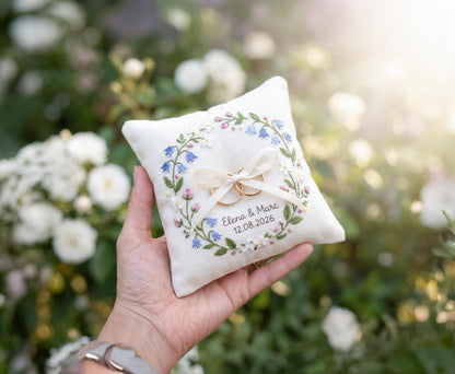 Personalized Ring Bearer Pillow, Embroidered Linen Ring Pillow, Garden Wedding Ring Cushion, Custom Names & Date, Floral Wreath Bridal