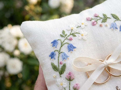 Personalized Ring Bearer Pillow, Embroidered Linen Ring Pillow, Garden Wedding Ring Cushion, Custom Names & Date, Floral Wreath Bridal