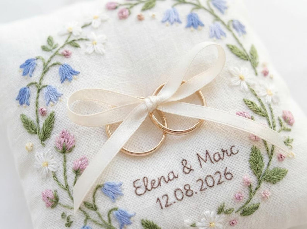 Personalized Ring Bearer Pillow, Embroidered Linen Ring Pillow, Garden Wedding Ring Cushion, Custom Names & Date, Floral Wreath Bridal