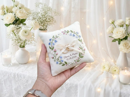 Personalized Ring Bearer Pillow, Embroidered Linen Ring Pillow, Garden Wedding Ring Cushion, Custom Names & Date, Floral Wreath Bridal