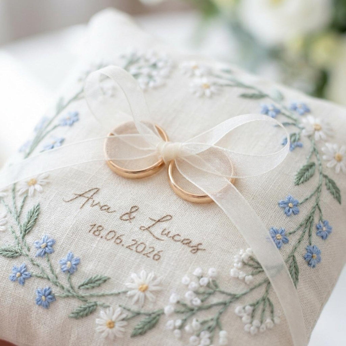 Personalized Ring Bearer Pillow, Embroidered Linen Wedding Pillow, Blue Wildflower Ring Cushion, Custom Names Date, Elegant Bridal Keepsake