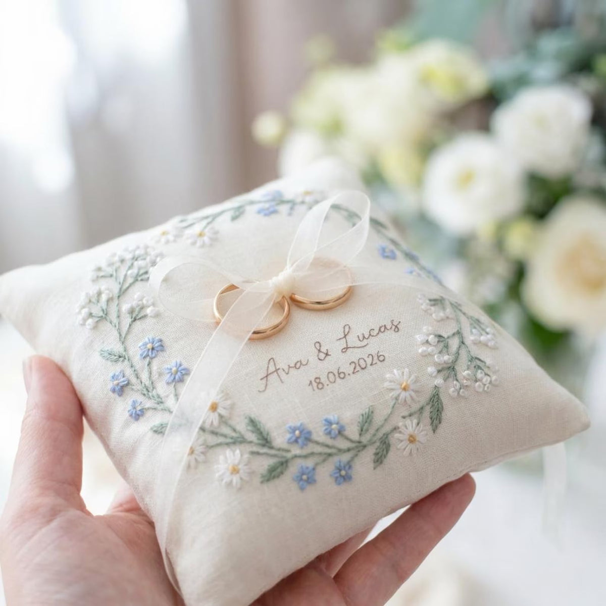 Personalized Ring Bearer Pillow, Embroidered Linen Wedding Pillow, Blue Wildflower Ring Cushion, Custom Names Date, Elegant Bridal Keepsake