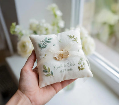 Personalized Floral Border Ring Bearer Pillow, Embroidered Wedding Pillow with Names Date, Custom Linen Ring Pillow, Handmade Wedding