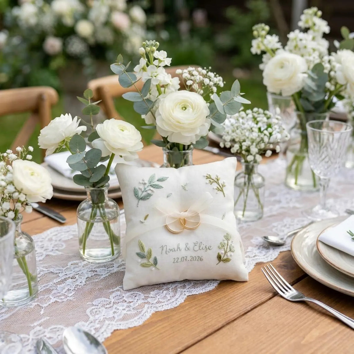 Personalized Floral Border Ring Bearer Pillow, Embroidered Wedding Pillow with Names Date, Custom Linen Ring Pillow, Handmade Wedding