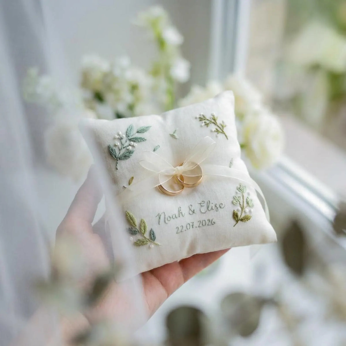 Personalized Floral Border Ring Bearer Pillow, Embroidered Wedding Pillow with Names Date, Custom Linen Ring Pillow, Handmade Wedding