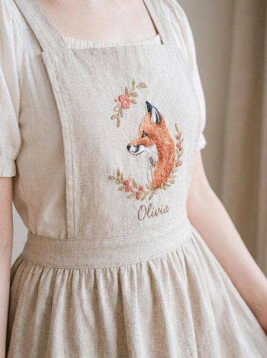 Personalized Fox Linen Apron, Hand Embroidered Woodland Animal Apron with Name, Cottagecore Autumn Apron, Custom Gift for Her