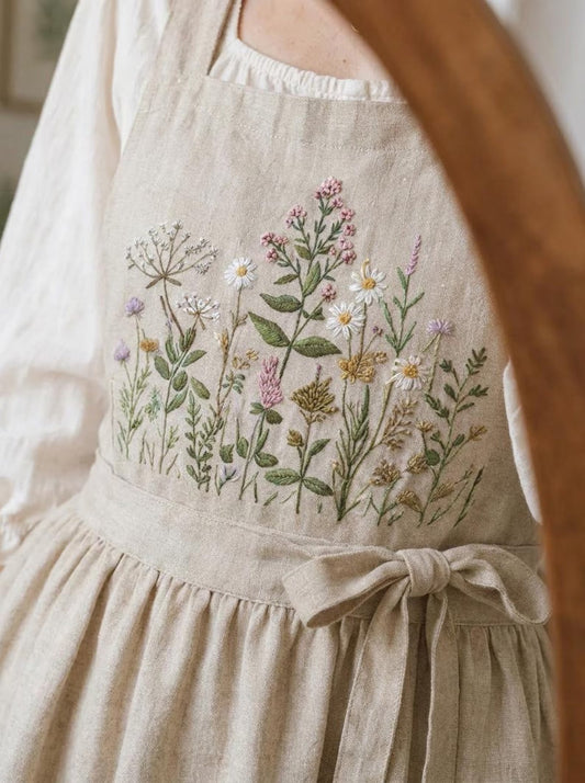 Hand Embroidered Linen Apron Dress, Wildflower Embroidery Dress, Cottagecore Linen Dress, Floral Rustic Apron, Vintage Farmhouse Dress