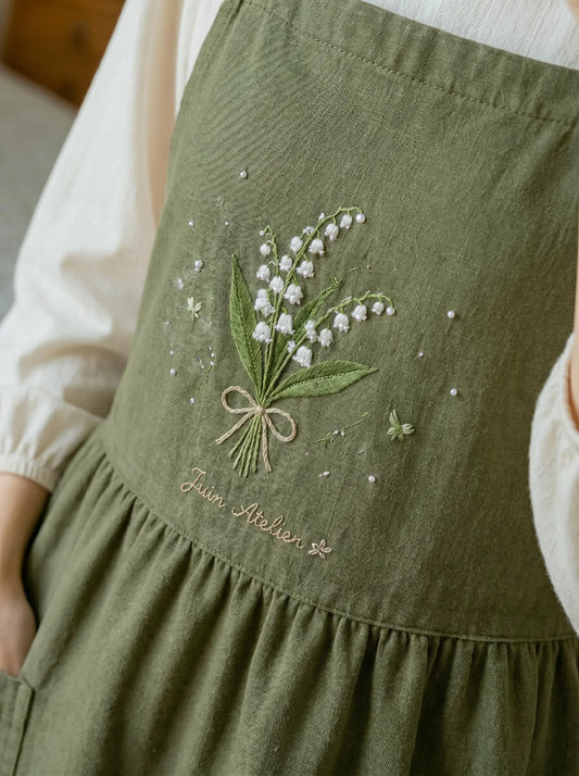 Hand Embroidered Linen Apron Dress, Lily of the Valley Dress, Cottagecore Olive Linen Dress Personalized Floral Apron, Rustic Elegant Outfit