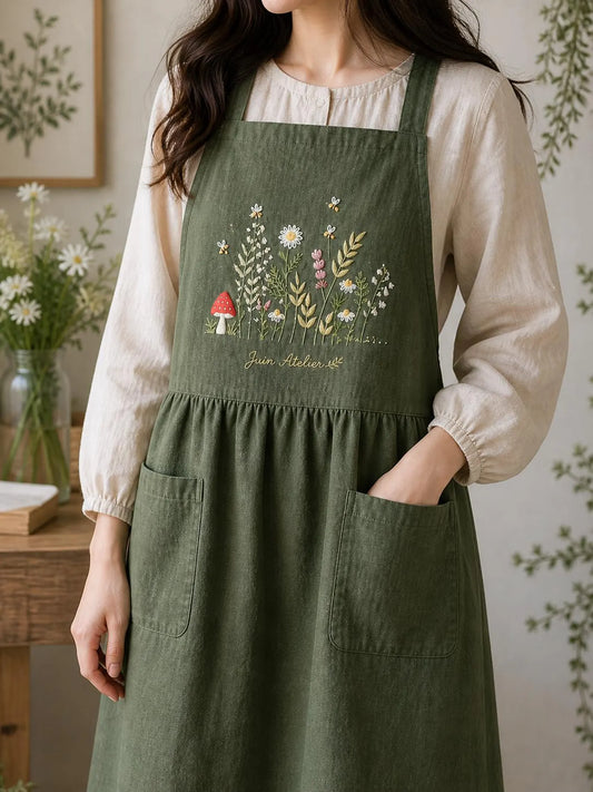 Hand Embroidered Linen Apron Dress, Lily of the Valley Dress, Cottagecore Olive Linen Dress Personalized Floral Apron, Rustic Elegant Outfit