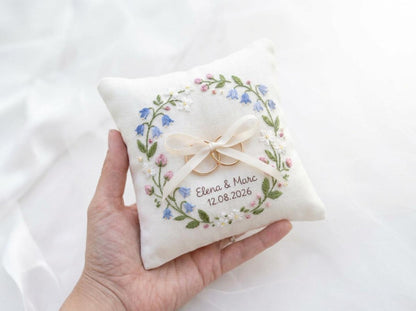 Personalized Ring Bearer Pillow, Embroidered Linen Ring Pillow, Garden Wedding Ring Cushion, Custom Names & Date, Floral Wreath Bridal