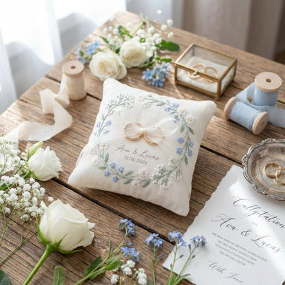 Personalized Ring Bearer Pillow, Embroidered Linen Wedding Pillow, Blue Wildflower Ring Cushion, Custom Names Date, Elegant Bridal Keepsake