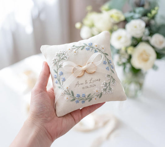 Personalized Ring Bearer Pillow, Embroidered Linen Wedding Pillow, Blue Wildflower Ring Cushion, Custom Names Date, Elegant Bridal Keepsake