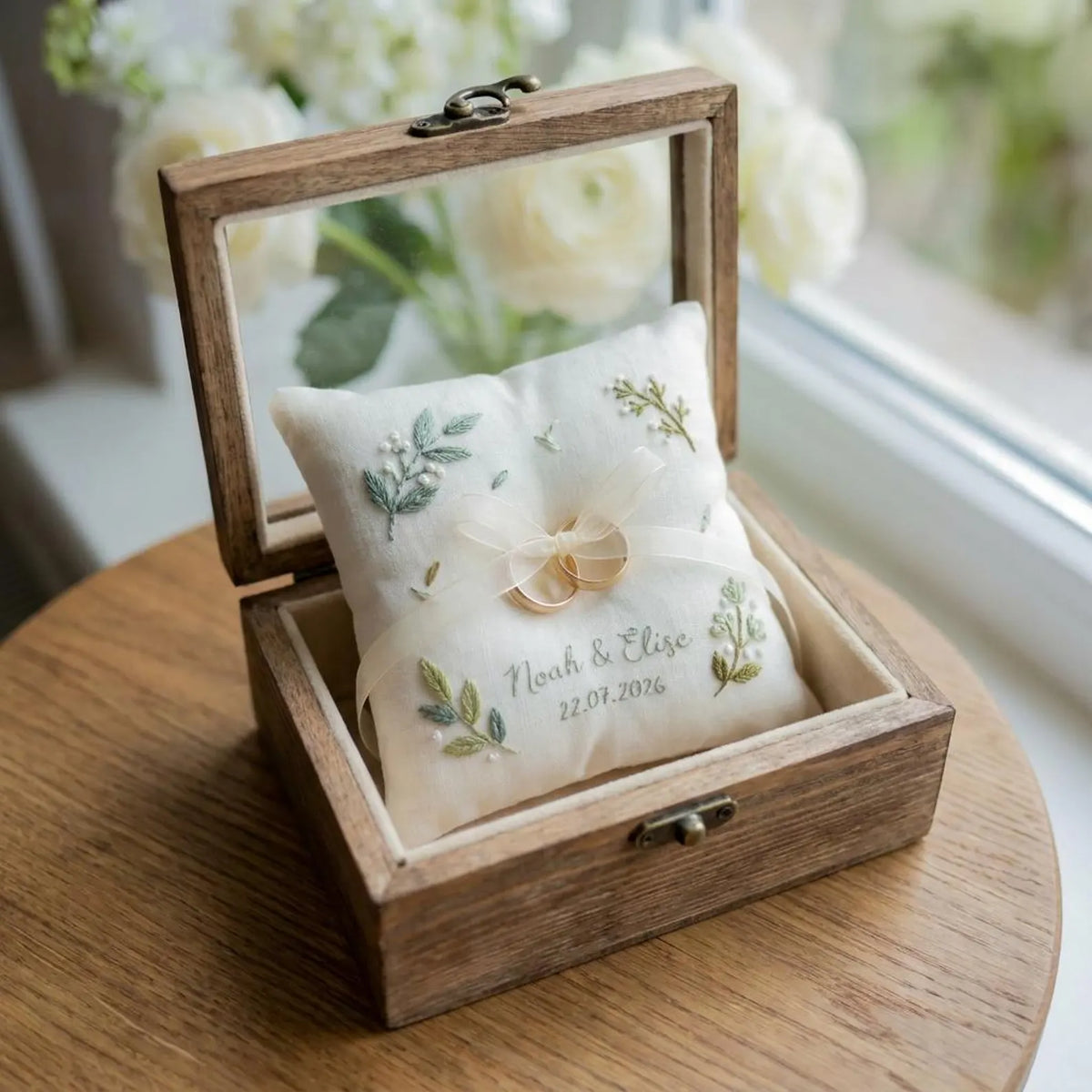 Personalized Floral Border Ring Bearer Pillow, Embroidered Wedding Pillow with Names Date, Custom Linen Ring Pillow, Handmade Wedding