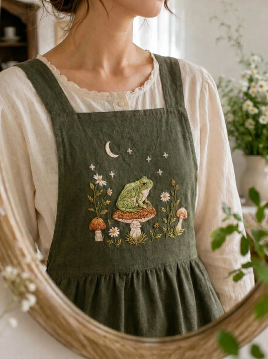 Hand Embroidered Linen Apron, Olive Green Cottagecore Apron, Frog Mushroom Wildflower Apron, Handmade Garden Apron Gift