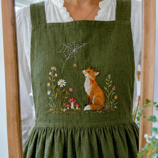 Embroidered Linen Apron, Handmade Fox Cottagecore Apron, Olive Green Pinafore Dress Apron, Forest Kitchen Gift for Gardener Baker