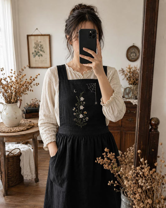 Black Embroidered Linen Apron, Handmade Gothic Cottagecore Pinafore Apron, Floral Spider Web Halloween Kitchen Gift for Baker Gardener Gifts