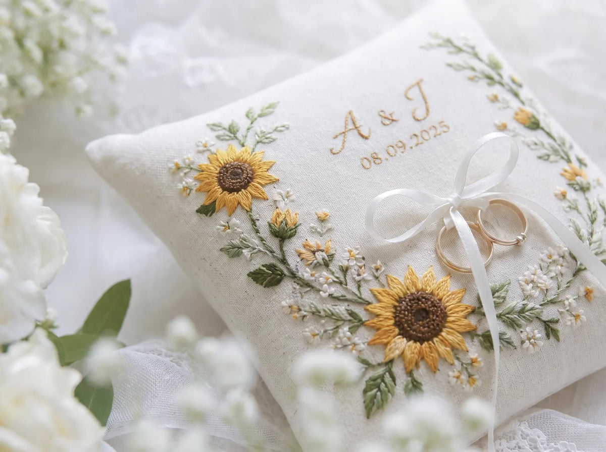 Sunflower Ring Pillow, Personalized Wedding Ring Bearer Pillow, Embroidered Floral Ring Cushion, Custom Names Date Bridal Keepsake Gift Sets