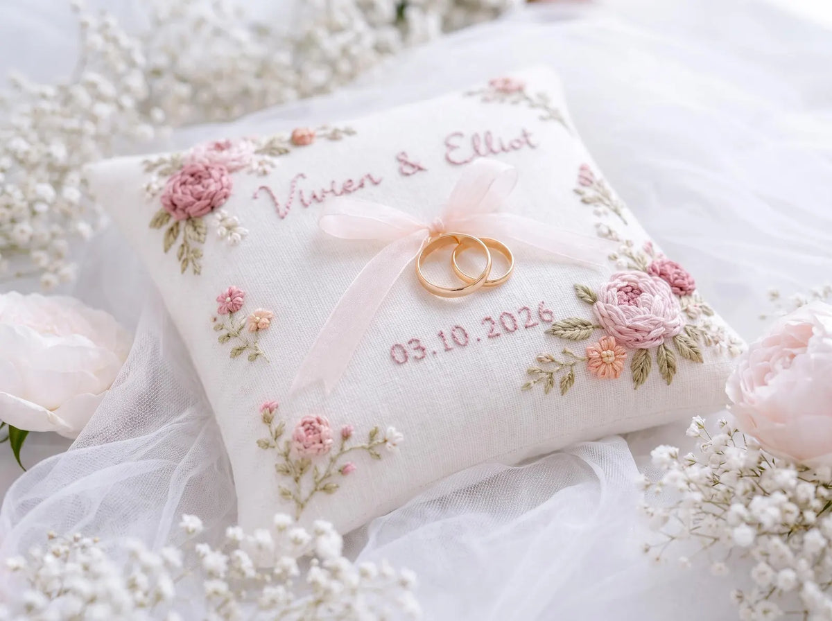 Personalized Wedding Ring Pillow, Handmade Embroidered Ring Bearer Pillow, Custom Floral Ring Cushion, Peony Rose Wedding Gift Wedding Decor
