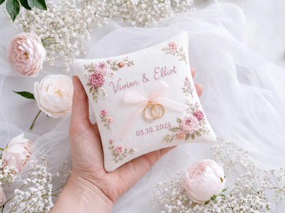 Personalized Wedding Ring Pillow, Handmade Embroidered Ring Bearer Pillow, Custom Floral Ring Cushion, Peony Rose Wedding Gift Wedding Decor