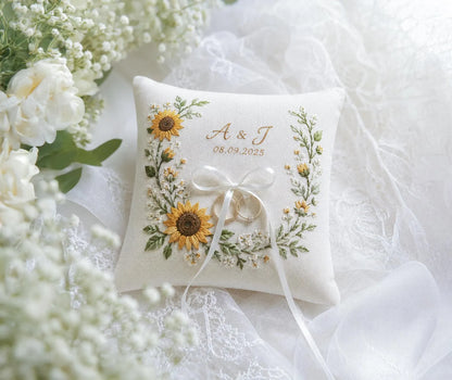 Sunflower Ring Pillow, Personalized Wedding Ring Bearer Pillow, Embroidered Floral Ring Cushion, Custom Names Date Bridal Keepsake Gift Sets