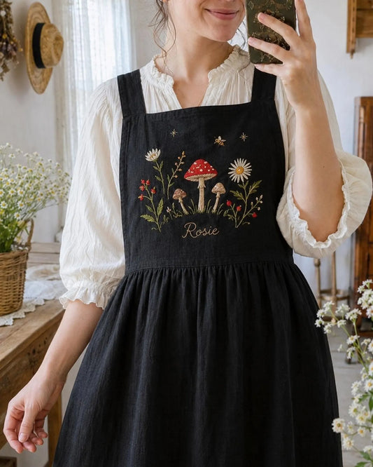 Embroidered Mushroom Apron, Personalized Linen Pinafore Dress, Cottagecore Gardening Apron, Wildflower Bee Apron Gift for Women Custom Names