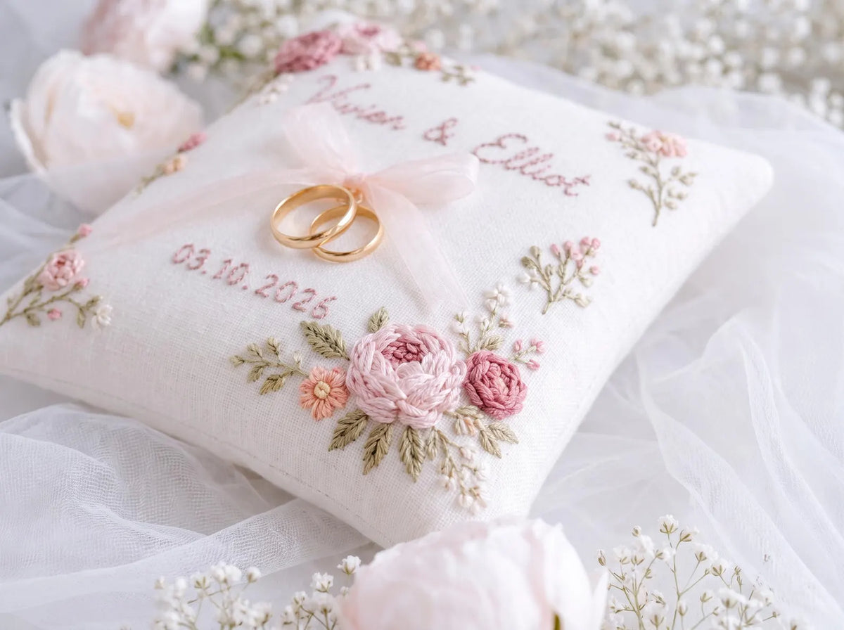 Personalized Wedding Ring Pillow, Handmade Embroidered Ring Bearer Pillow, Custom Floral Ring Cushion, Peony Rose Wedding Gift Wedding Decor