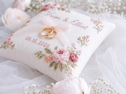 Personalized Wedding Ring Pillow, Handmade Embroidered Ring Bearer Pillow, Custom Floral Ring Cushion, Peony Rose Wedding Gift Wedding Decor