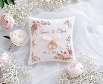 Personalized Wedding Ring Pillow, Handmade Embroidered Ring Bearer Pillow, Custom Floral Ring Cushion, Peony Rose Wedding Gift Wedding Decor