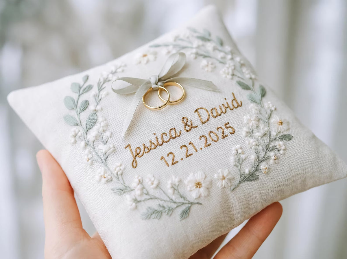 Personalized Wedding Ring Pillow, Hand Embroidered Linen Ring Bearer Cushion, Custom Names and Date, Botanical Wedding Keepsake, Bridal Gift