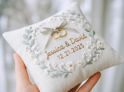 Personalized Wedding Ring Pillow, Hand Embroidered Linen Ring Bearer Cushion, Custom Names and Date, Botanical Wedding Keepsake, Bridal Gift