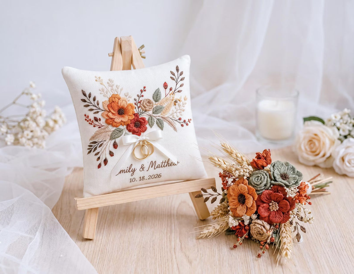 Personalized Autumn Wedding Ring Pillow, Rust Orange Floral Embroidered Linen Ring Bearer Pillow, Custom Names & Date, Rustic Wedding Gift