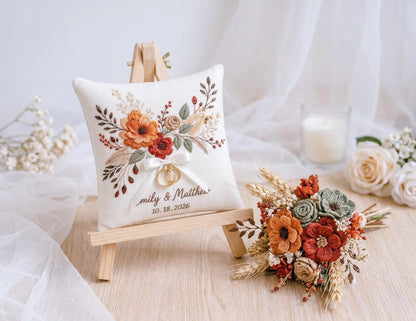 Personalized Autumn Wedding Ring Pillow, Rust Orange Floral Embroidered Linen Ring Bearer Pillow, Custom Names & Date, Rustic Wedding Gift