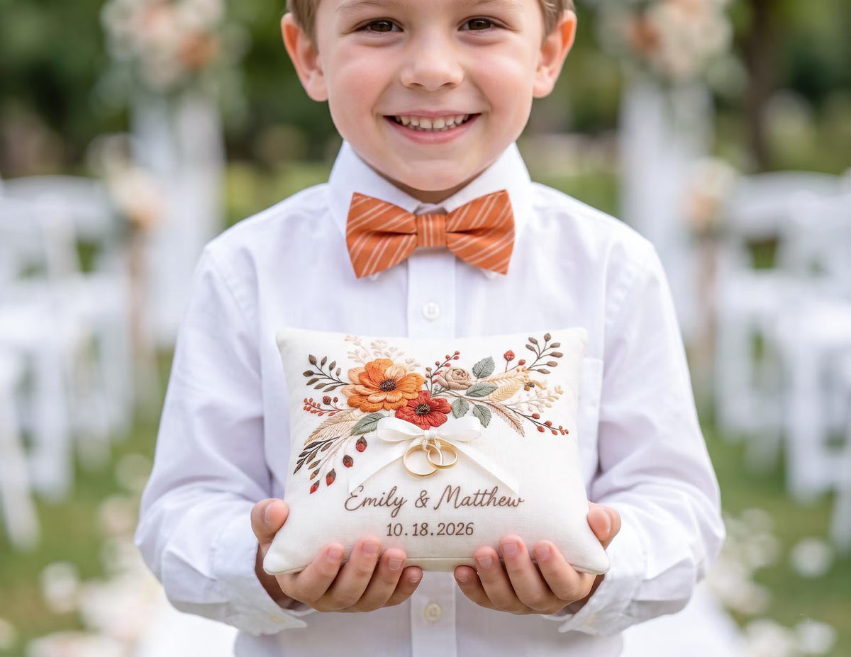 Personalized Autumn Wedding Ring Pillow, Rust Orange Floral Embroidered Linen Ring Bearer Pillow, Custom Names & Date, Rustic Wedding Gift
