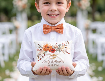Personalized Autumn Wedding Ring Pillow, Rust Orange Floral Embroidered Linen Ring Bearer Pillow, Custom Names & Date, Rustic Wedding Gift