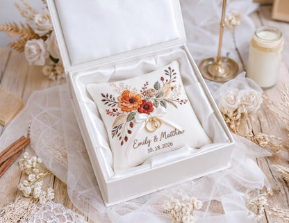 Personalized Autumn Wedding Ring Pillow, Rust Orange Floral Embroidered Linen Ring Bearer Pillow, Custom Names & Date, Rustic Wedding Gift