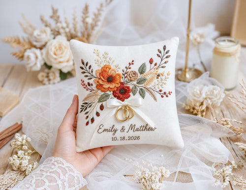 Personalized Autumn Wedding Ring Pillow, Rust Orange Floral Embroidered Linen Ring Bearer Pillow, Custom Names & Date, Rustic Wedding Gift