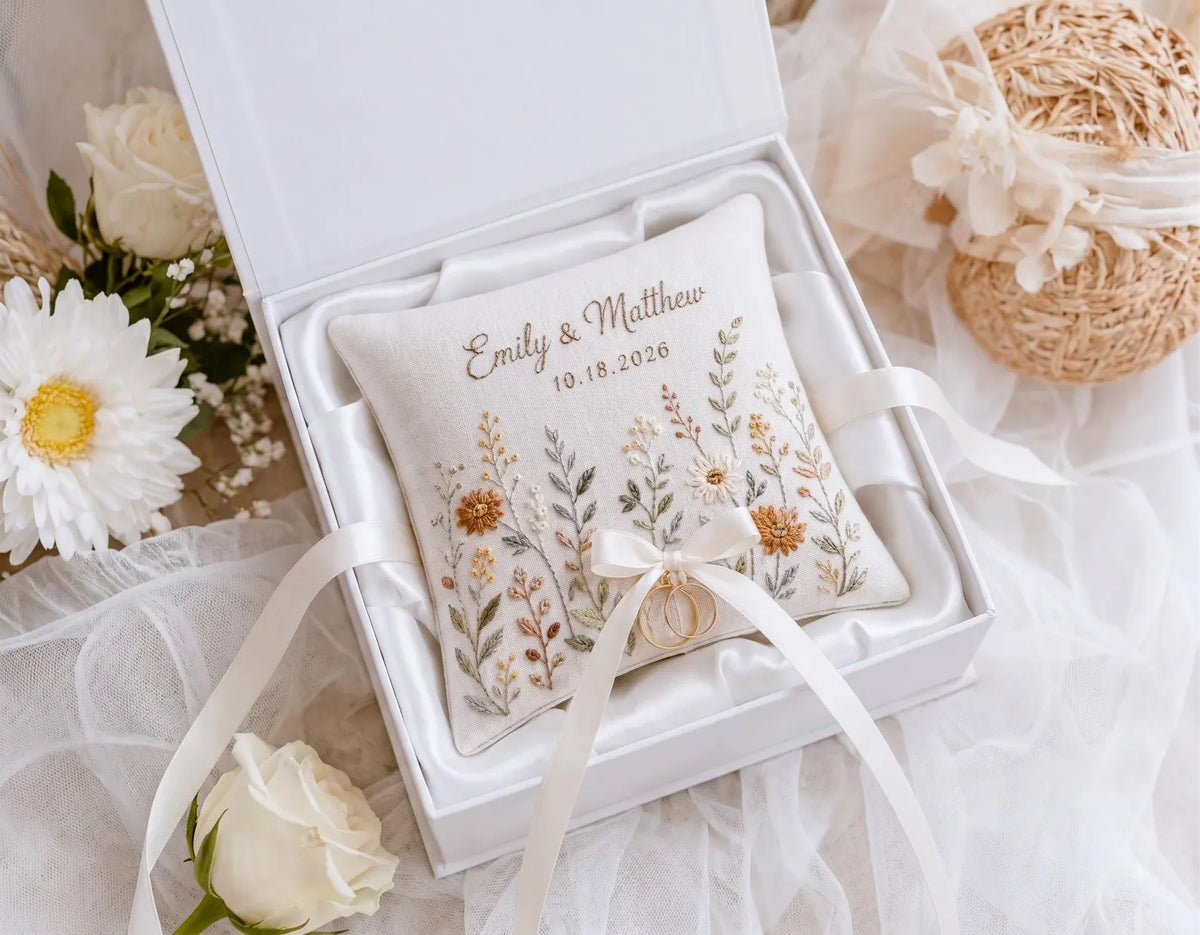 Personalized Autumn Wedding Ring Pillow, Neutral Wildflower Embroidered Linen Ring Bearer Pillow, Custom Names & Date, Boho Wedding Keepsake